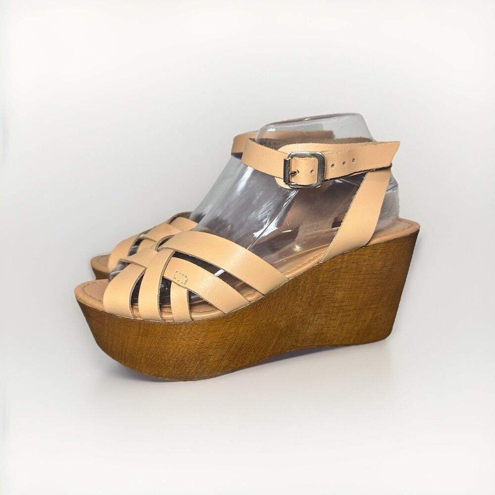 Seychelles Tan High Low Vacchetta Leather Platform Wedge Sandals Women's 8.5‎
